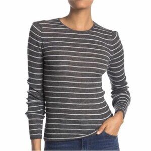 Vince Gray & White 100% Wool Striped Rib Knit Long Sleeve Crewneck Shirt